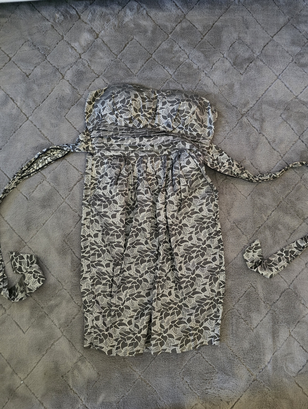 Strapless Floral-Print Dress in Gray and Cream